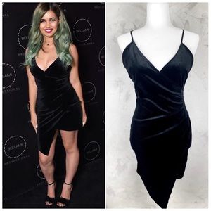 Black velvet deep v ruch side asymmetrical dress